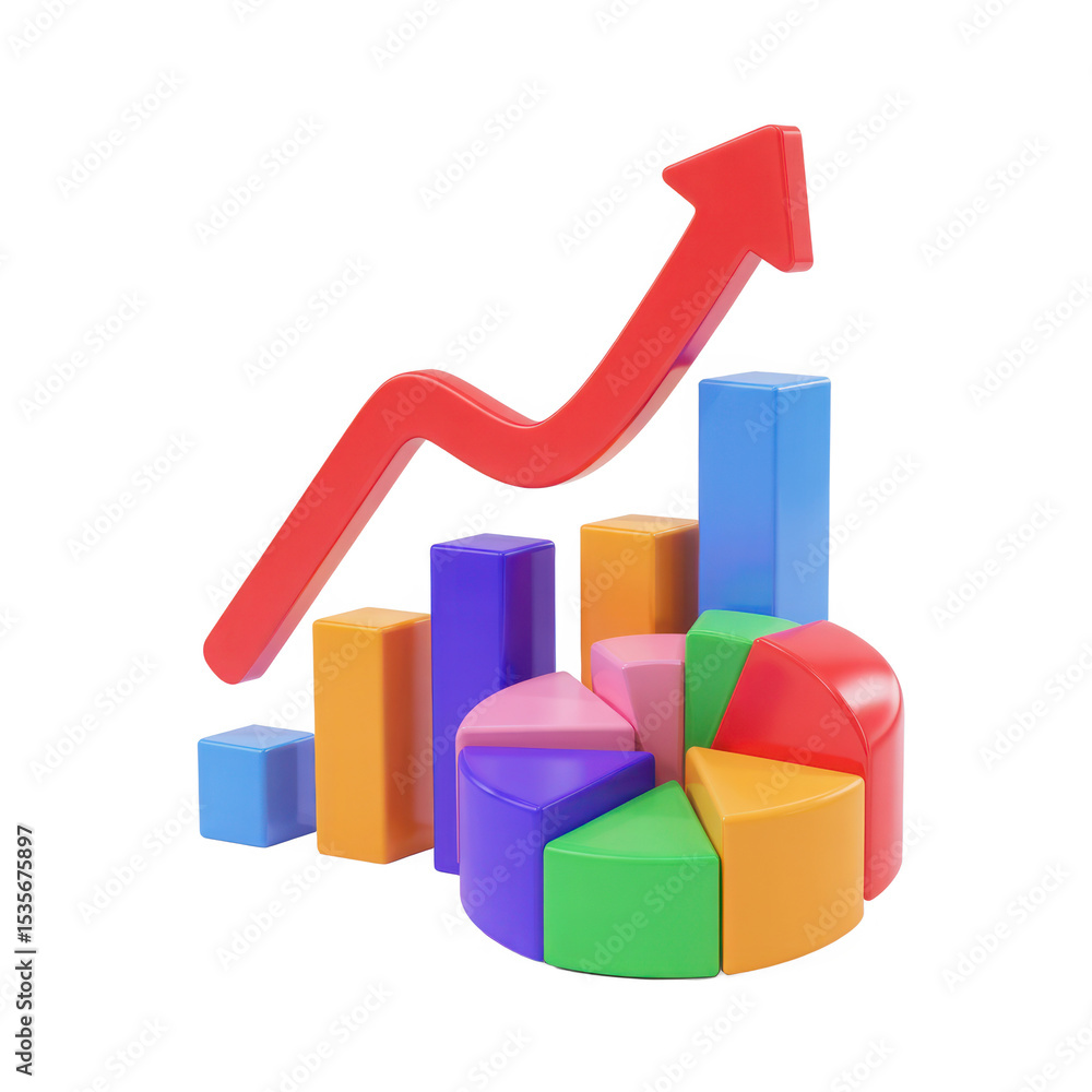 Poster colorful 3d bar and pie charts with growth arrow isolated on transparent background