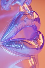 Glossy clear lips illuminated by vibrant purple and orange lights in a creative artistic display