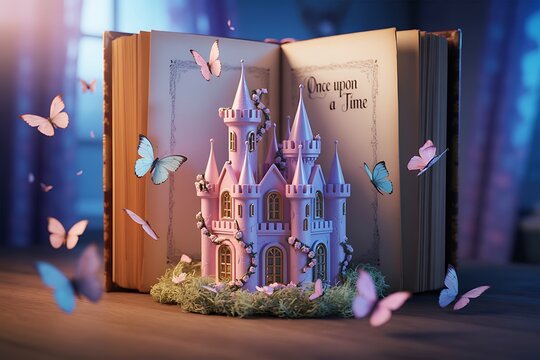 Fairytale castle emerging from open storybook