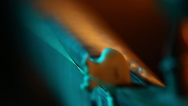 Extreme macro shot of a traditional ethnic stringed instrument. The camera slowly reveals details of the tuning pegs, strings, and fretboard with moody lighting.
