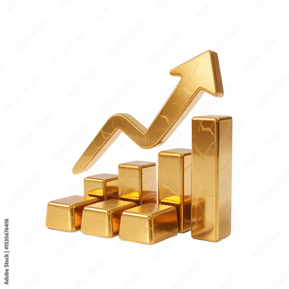Poster golden bar graph with upward arrow isolated on transparent background