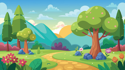 Naklejka premium Cartoon Landscape with Trees, Mountains, Flowers, Path and Clouds in Blue Sky