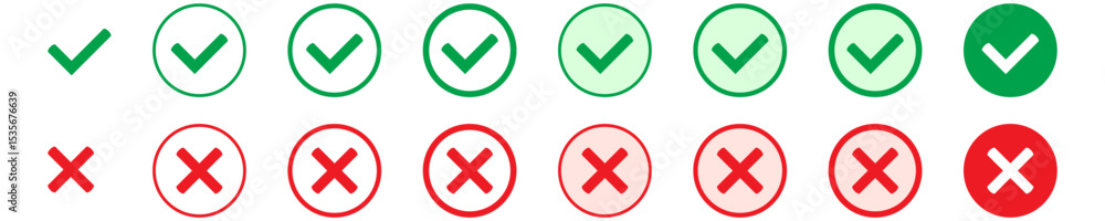 Aufkleber right or wrong icons. green tick and red cross checkmarks in circle flat icons. yes or no symbol, ap