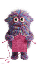 Funny Furry Monster Knitting Pink Cloth Illustration png, isolated on trasparent background