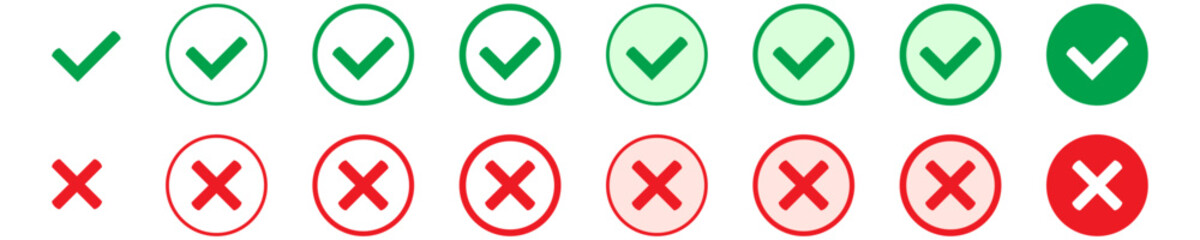 Right or wrong icons. Green tick and red cross checkmarks in circle flat icons. Yes or no symbol, approved or rejected icon for user interface.