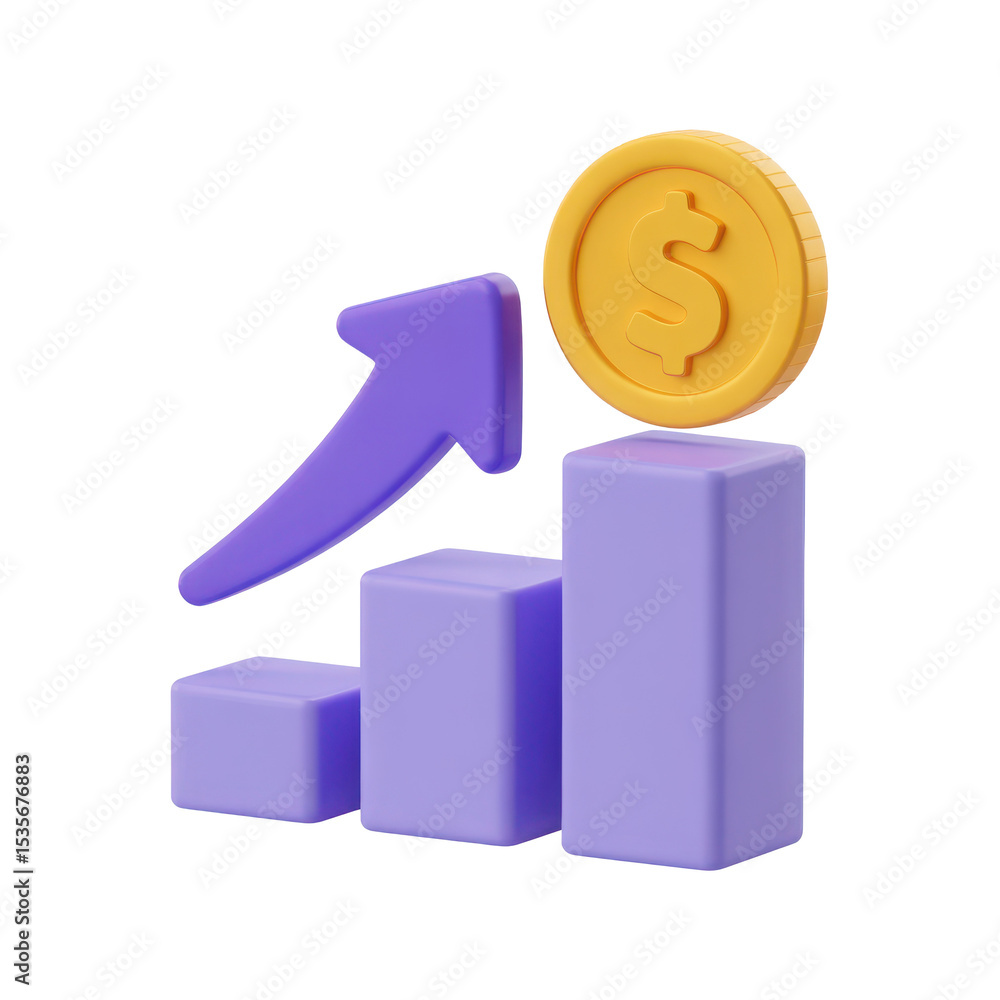Poster 3d render of growing bar graph with coin isolated on transparent background