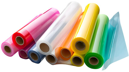 Colorful rolls of transparent plastic film displaying various colors and textures against a isolated on white transparent background suitable for design and packaging concepts
