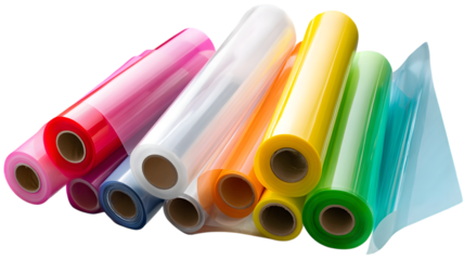 Colorful rolls of transparent plastic film displaying various colors and textures against a isolated on white transparent background suitable for design and packaging concepts