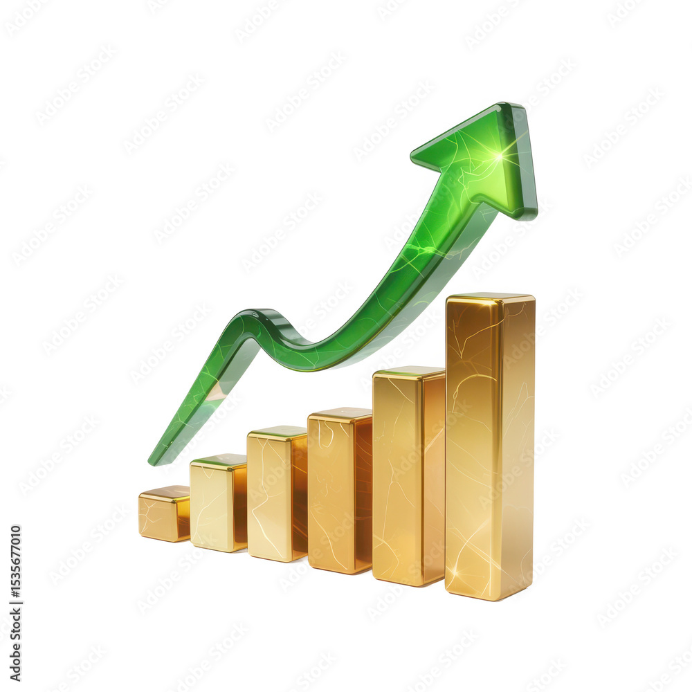 Poster gold bar graph with upward green arrow isolated on transparent background