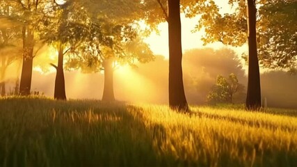 Wide angle, slow motion: A serene forest during golden hour, warm light filtering through the trees, creating soft, dappled shadows. Soft wind causes gentle motion in the leaves. Deep focus capture