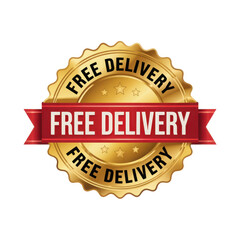Gold free delivery badge with red ribbon isolated on transparent background