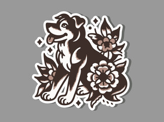 Retro Canine Floral Tattoo Art - Bold and Vintage Style