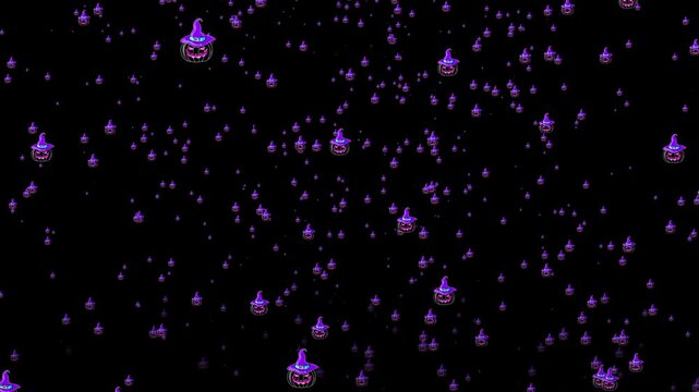 4k loop animated pattern of halloween pumpkins with witch hats. Creepy pumpkins moving and flying pumpkins particles background Halloween animated wallpaper Scary Trick or Treat motion graphic design.