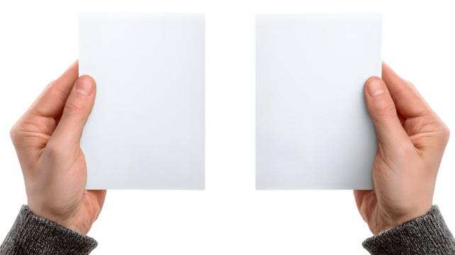 Two hands presenting blank white cards against a isolated on white transparent background ideal for mockups and design templates