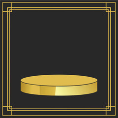 Elegant Gold Podium with Art Deco Frame on Dark Background Perfect for Product Showcase and Luxury Presentations with Space for Text and Graphics
