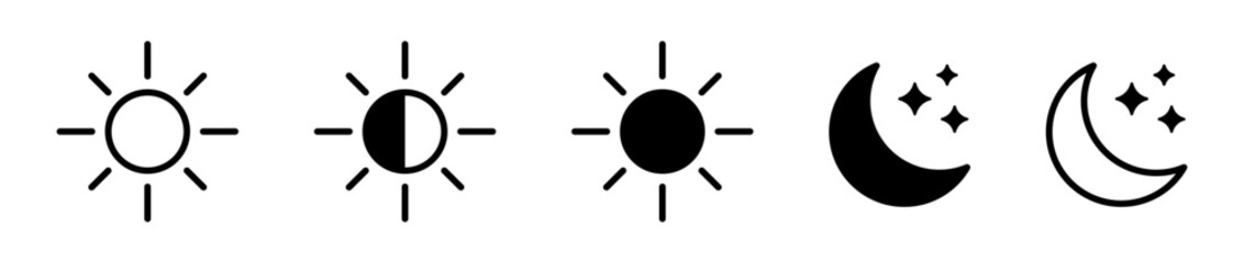 Sun and moon icon set. Day and night or dark and light mode icons. Brightness symbol.