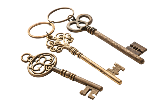 Three antique golden keys on a white background showcasing vintage design and detail - Powered by Adobe