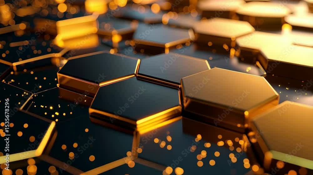 Poster elegant golden and dark grey hexagons pattern with glowing lines and light orbs, modern tech structu