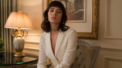 Portrait of a woman in a white blazer sitting in a chair in an ornate room with a lamp and artwork