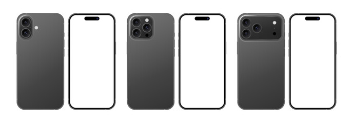 iPhone 16 and 17 Pro Max realistic mobile phone devices mockup set, modern front back black frame smartphones with blank transparent screen for advertisement. Vector illustration