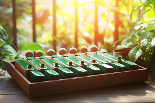 Green gamelan Rindik instrument with wooden frame surrounded by greenery
