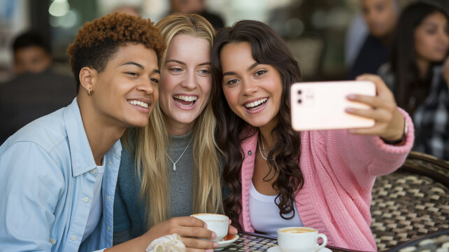 Three smiling friends taking a selfie at a cafe with coffee cups on the table in front of them