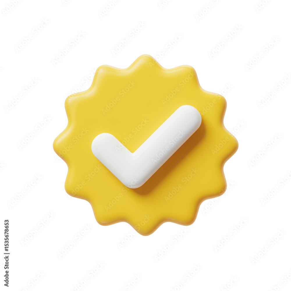 Poster yellow badge with white checkmark isolated on transparent background