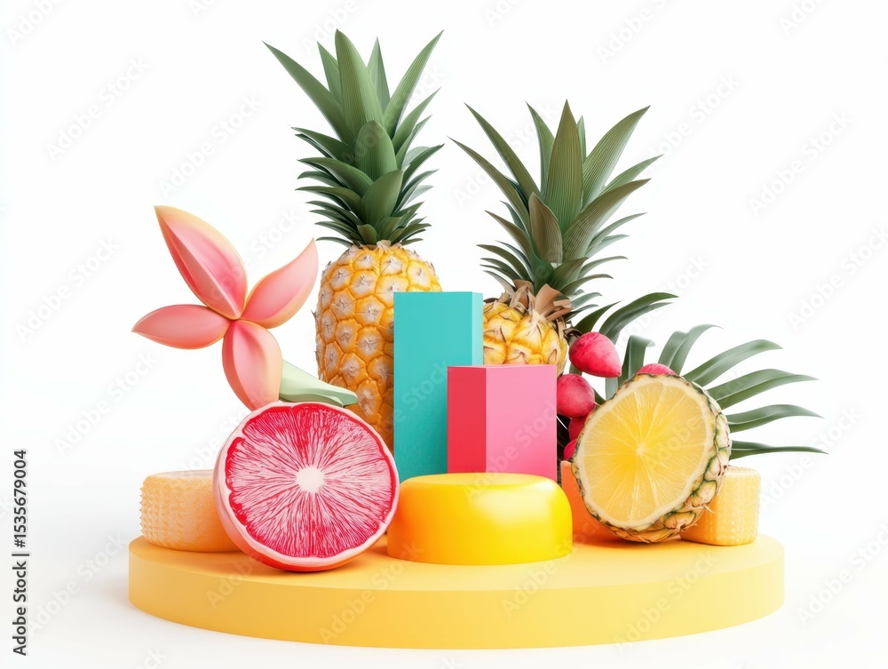 Poster high resolution visual of 3d render of a minimal summer podium display with geometric shapes and tro