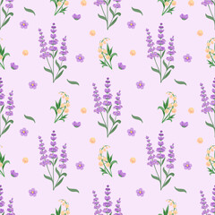 Soft lavender and yellow floral elements are scattered across a pastel pink background. The delicate design evokes calmness and femininity, perfect for home decor, bedding, or elegant print projects.