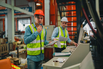 Engineers in high-visibility vests inspecting industrial control systems in modern factory,...