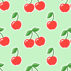 Cartoon seamless pattern of red cherries isolated on green background.