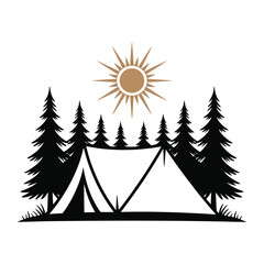 Minimalist Camping Scene with Tents, Pine Trees, and a Golden Sun, Illustrated in White background