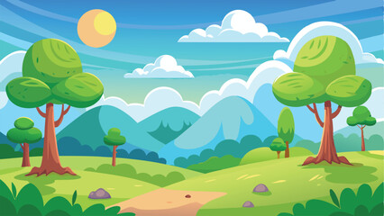Cartoon Landscape with Green Hills, Trees, Mountains, Clouds, and a Bright Sun