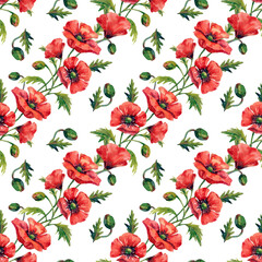 Large red poppy flowers, watercolor flowers collection, seamless pattern on white background.