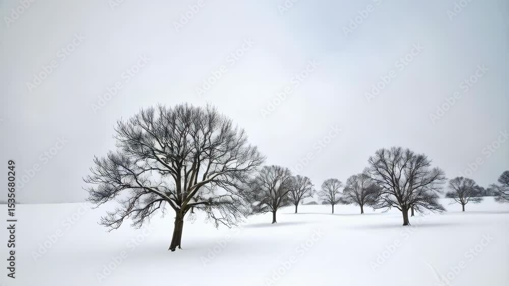 Poster bare trees standing stark against a snow covered field under a winter sky creating a minimalist and 