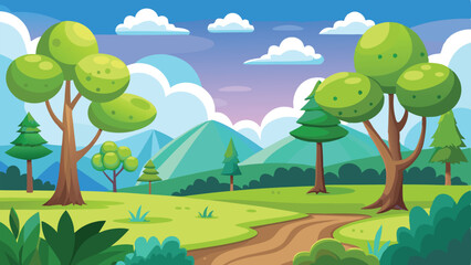 Obraz premium Cartoon Landscape Scene with Trees, Mountains, Clouds and a Dirt Road Winding Through