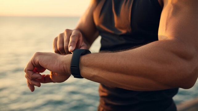 Muscular person checking fitness tracker at beach during sunset with water in the background