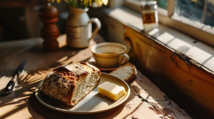 A slice of bread with butter on a plate next to a cup of tea