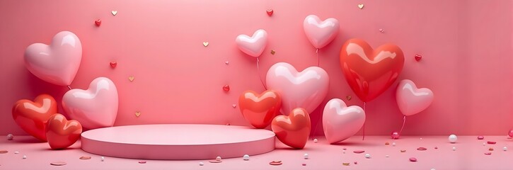 Romantic Podium Surrounded by Holographic Pink and Red Hearts