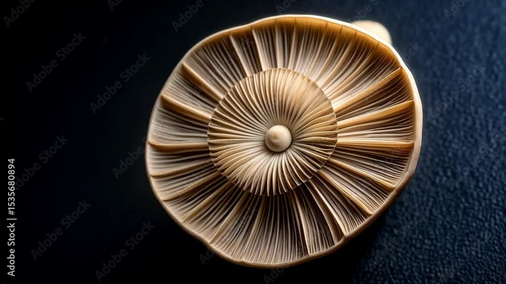 Poster detailed macro photograph of a cream colored mushroom cap showing gills and central button on a dark
