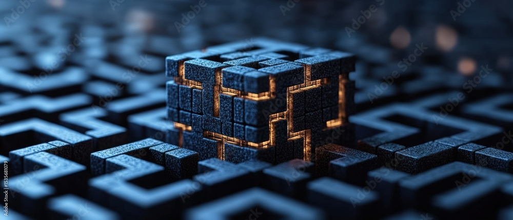 Aufkleber close-up of a futuristic glowing black and gold maze pattern on a reflective surface creating a digi
