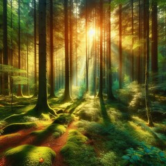 Obraz premium Sun Drenched Haven The dense forest is drenched in sunlight crea