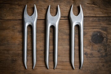 Three gleaming metal golf divot repair tools carefully arranged on a rustic wooden background, illustrating essential equipment for golf course green maintenance and sportsmanship