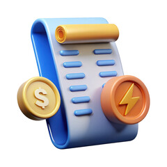 3d realistic utility bill icon with dollar and lightning bolt isolated on transparent background