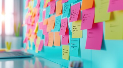Colorful sticky notes with checklists are arranged on a wall near a desk, representing organization and planning in a bright, modern workspace.