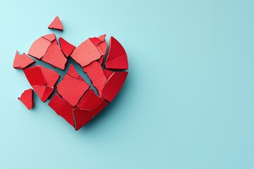 A shattered red heart lies broken on a light blue surface, symbolizing heartbreak and emotional pain.