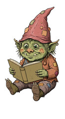 Cartoon Illustration of a Goblin Reading a Book png, isolated on trasparent background