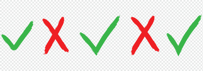 Brush, marker drawn check mark and cross icon set Collection of hand drawn drawn tick symbol, chalk checkmark illustration. eps 10 © Hike Studio 444