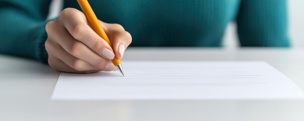 A person in a teal shirt is holding a yellow pencil and writing on a blank white sheet of paper on a white surface.