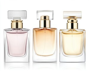 Three elegant glass perfume bottles with different shades of liquid and gold accents, displayed against a white background.